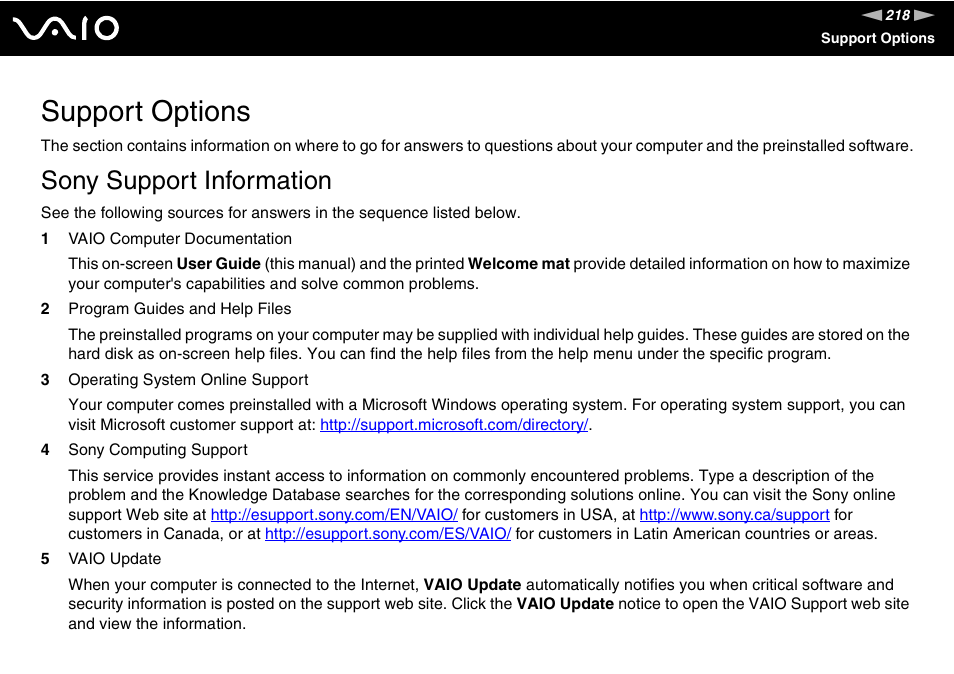 Support options, Sony support information | Sony VGN-FE780G User Manual | Page 218 / 236