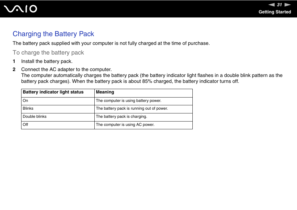 Charging the battery pack | Sony VGN-FE780G User Manual | Page 31 / 236