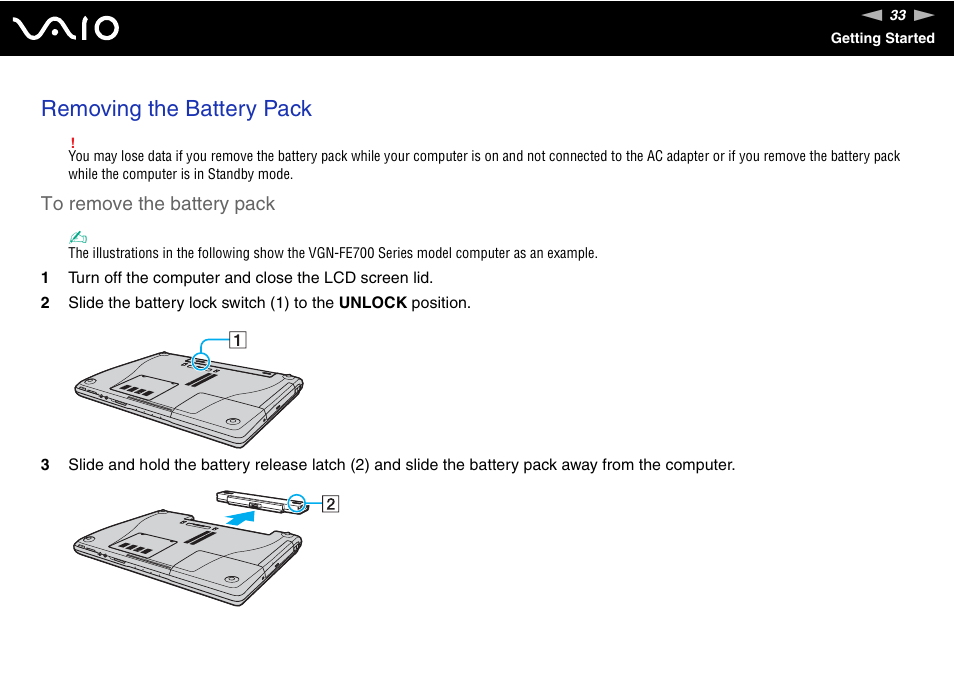 Removing the battery pack | Sony VGN-FE780G User Manual | Page 33 / 236
