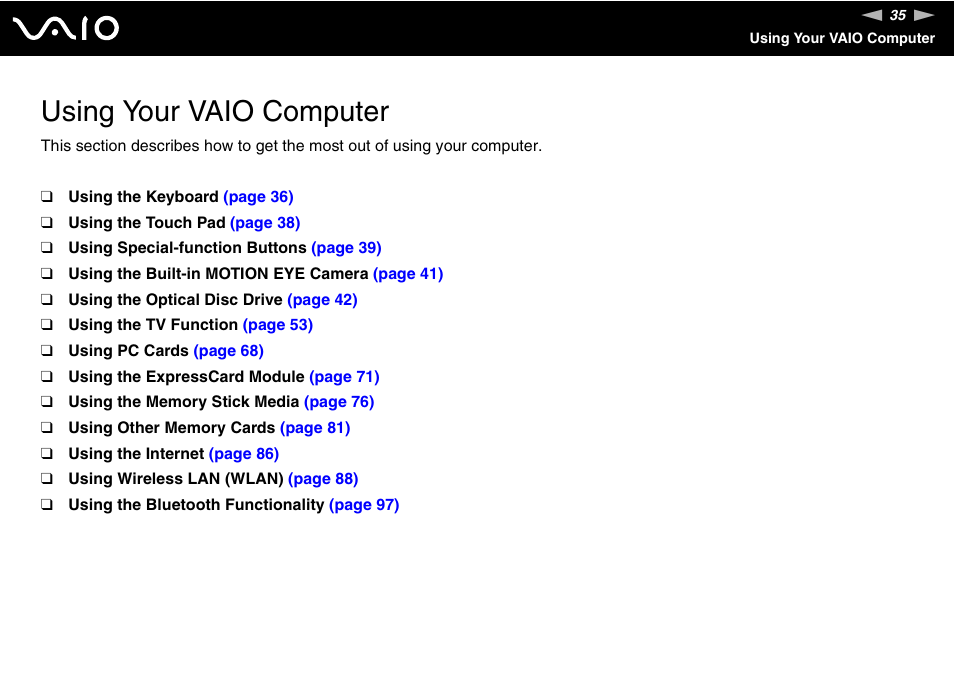 Using your vaio computer | Sony VGN-FE780G User Manual | Page 35 / 236