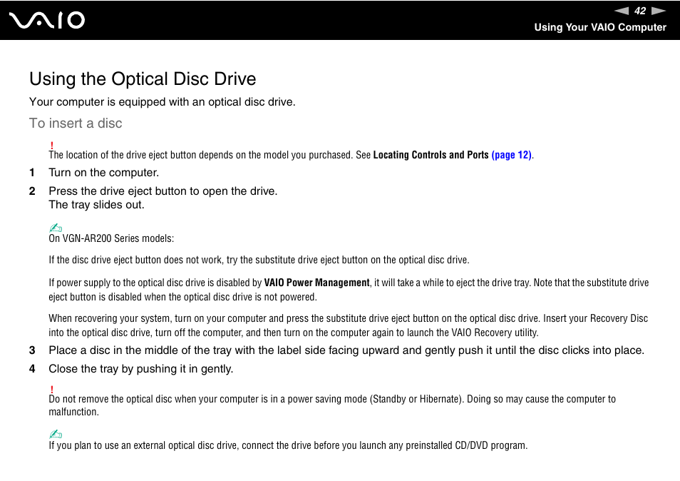 Using the optical disc drive | Sony VGN-FE780G User Manual | Page 42 / 236
