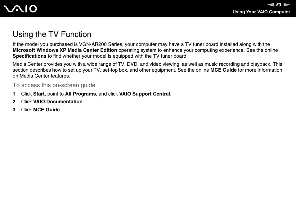 Using the tv function, Tion | Sony VGN-FE780G User Manual | Page 53 / 236