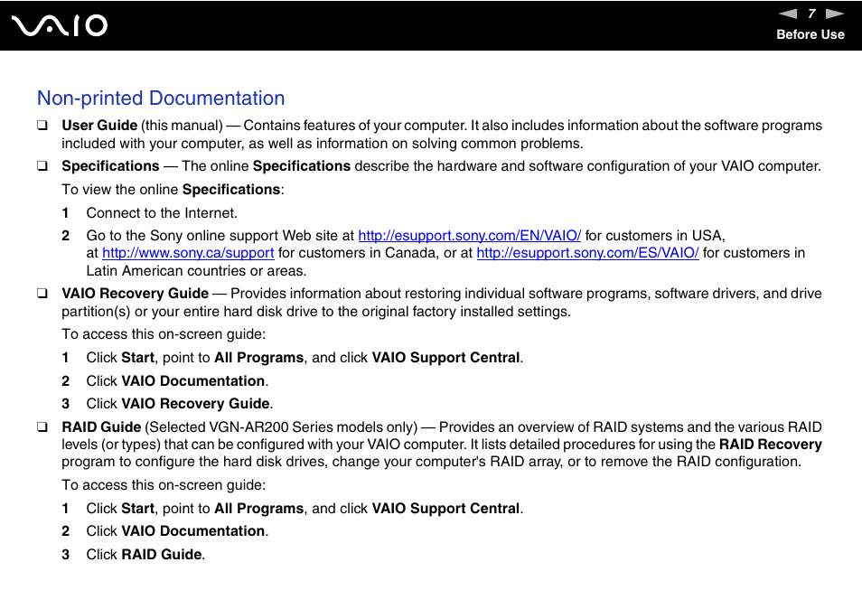 Non-printed documentation | Sony VGN-FE780G User Manual | Page 7 / 236