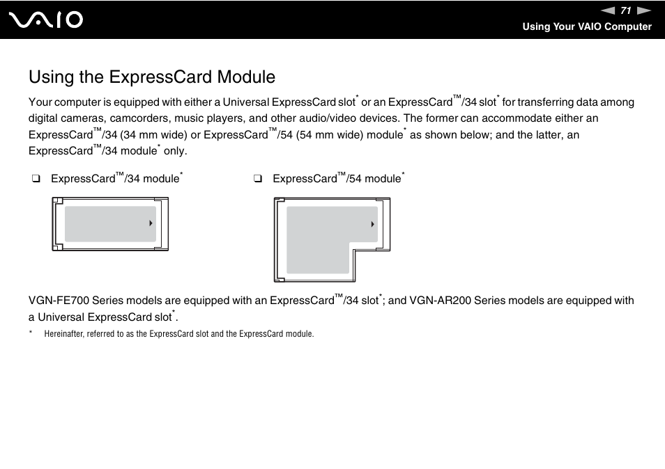 Using the expresscard module | Sony VGN-FE780G User Manual | Page 71 / 236