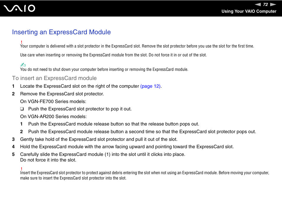 Inserting an expresscard module | Sony VGN-FE780G User Manual | Page 72 / 236