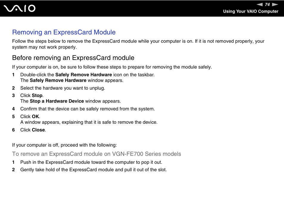 Removing an expresscard module, Before removing an expresscard module | Sony VGN-FE780G User Manual | Page 74 / 236