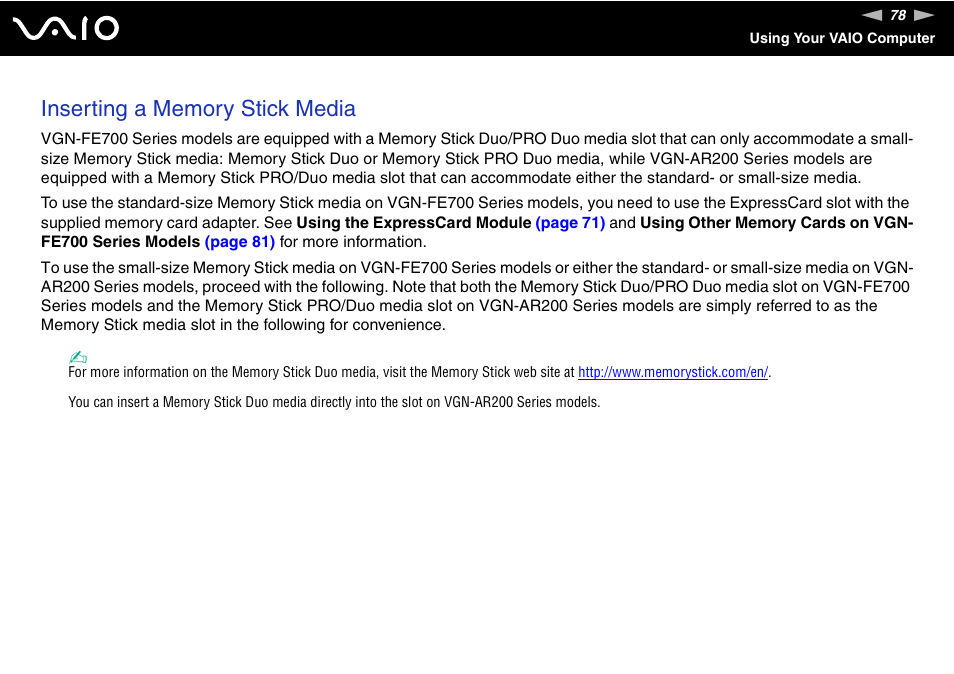 Sony VGN-FE780G User Manual | Page 78 / 236