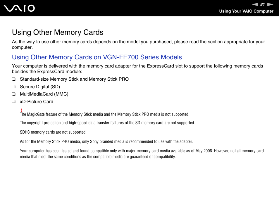 Using other memory cards | Sony VGN-FE780G User Manual | Page 81 / 236