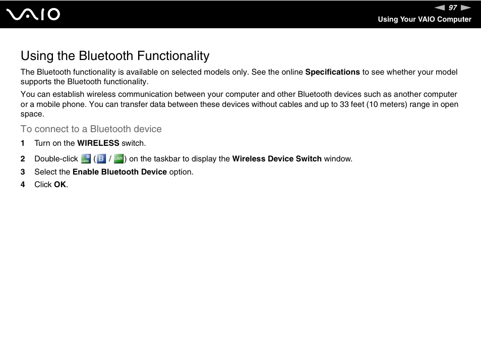 Using the bluetooth functionality | Sony VGN-FE780G User Manual | Page 97 / 236