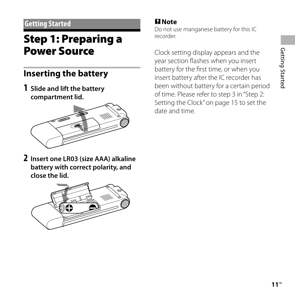 Getting started, Step 1: preparing a power source, Inserting the battery | Sony ICD-UX70PINK User Manual | Page 11 / 64