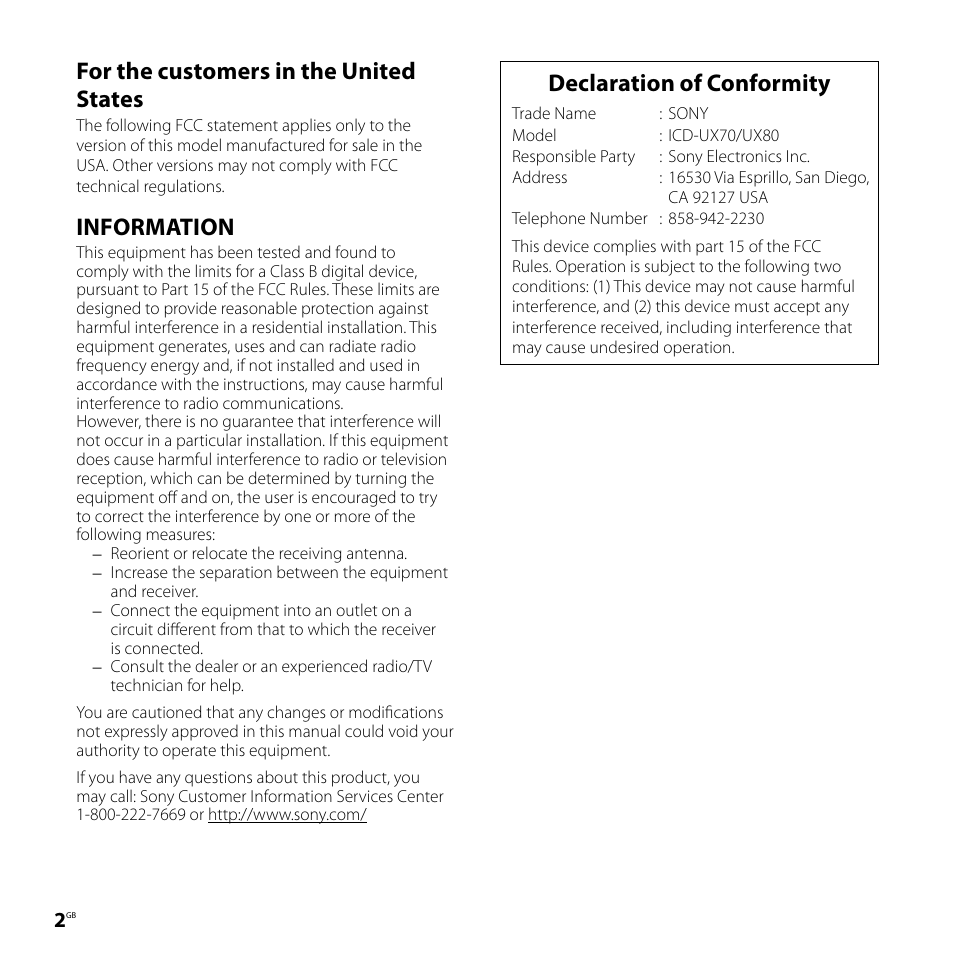 For the customers in the united states, Information, Declaration of conformity | Sony ICD-UX70PINK User Manual | Page 2 / 64