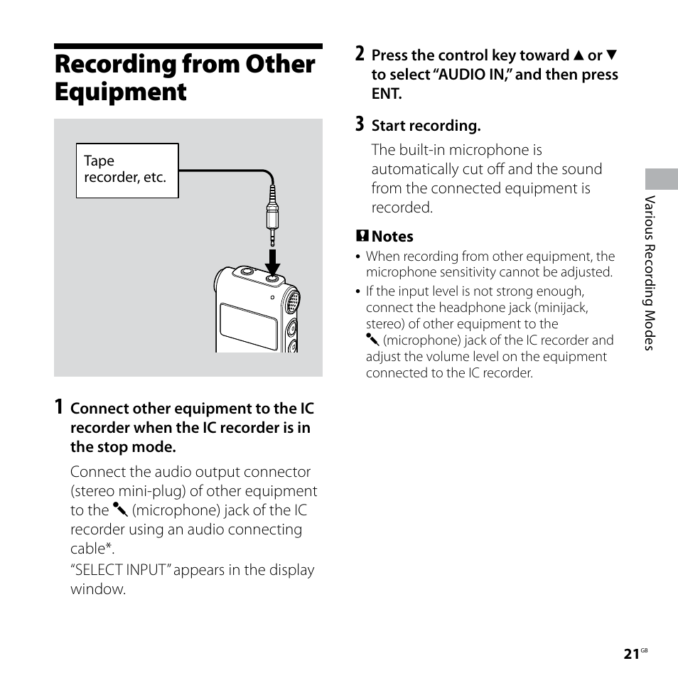 Recording from other equipment | Sony ICD-UX70PINK User Manual | Page 21 / 64