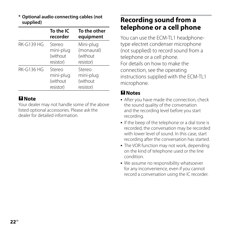 Recording sound from a telephone or a cell phone, Recording sound from a, Telephone or a cell phone | Sony ICD-UX70PINK User Manual | Page 22 / 64