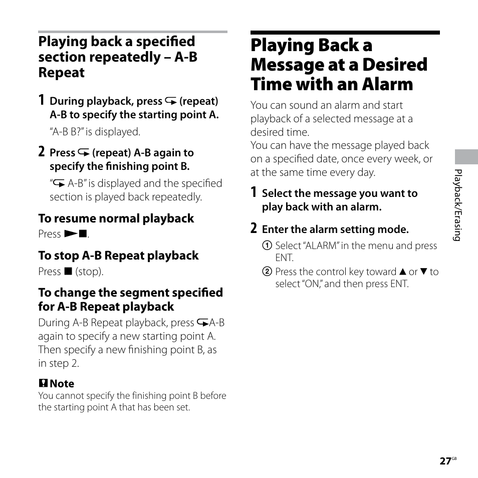 Playing back a specified section, Repeatedly – a-b repeat, Playing back a message at a desired | Time with an alarm | Sony ICD-UX70PINK User Manual | Page 27 / 64