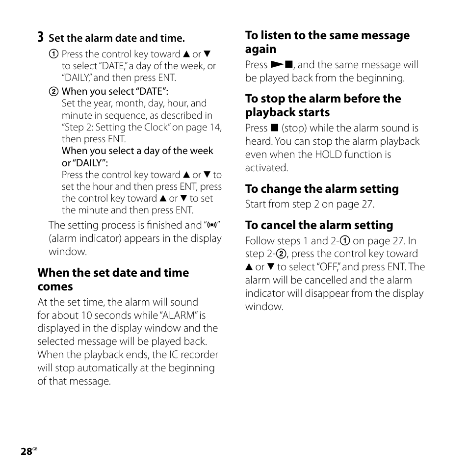When the set date and time comes | Sony ICD-UX70PINK User Manual | Page 28 / 64
