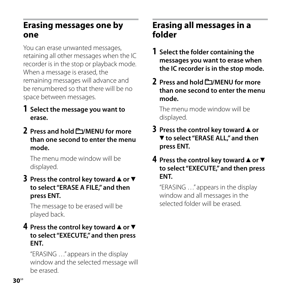 Erasing messages one by one, Erasing all messages in a folder | Sony ICD-UX70PINK User Manual | Page 30 / 64