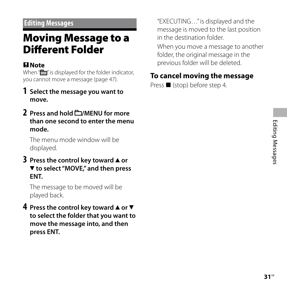 Editing messages, Moving message to a different folder, Moving message to a different | Folder | Sony ICD-UX70PINK User Manual | Page 31 / 64