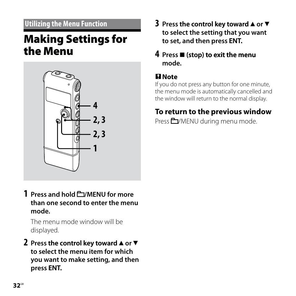 Utilizing the menu function, Making settings for the menu | Sony ICD-UX70PINK User Manual | Page 32 / 64