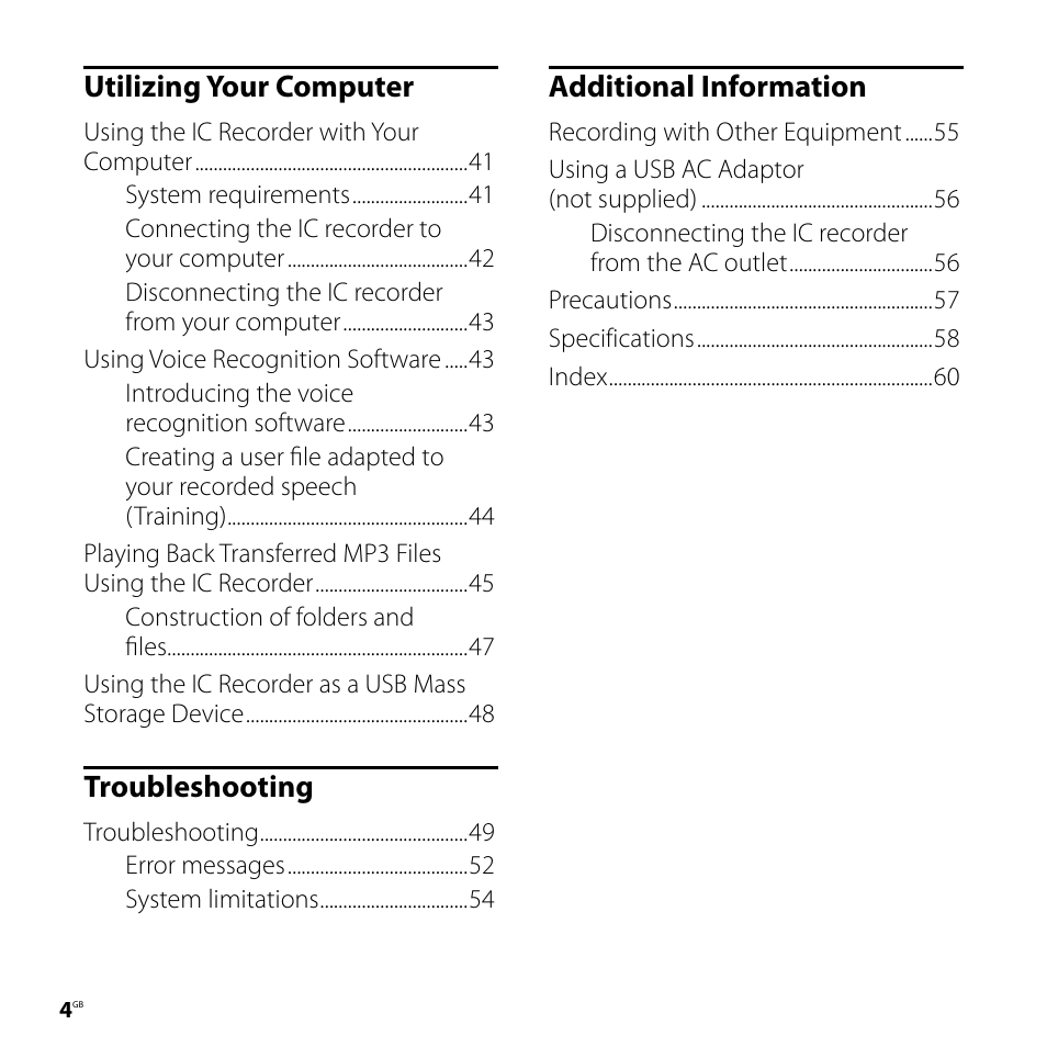 Utilizing your computer, Troubleshooting, Additional information | Sony ICD-UX70PINK User Manual | Page 4 / 64