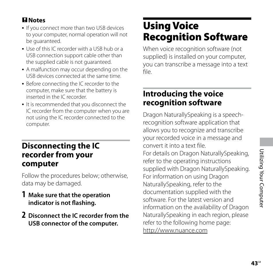 Disconnecting the ic recorder from your computer, Using voice recognition software, Introducing the voice recognition software | Disconnecting the ic recorder, From your computer, Introducing the voice, Recognition software | Sony ICD-UX70PINK User Manual | Page 43 / 64