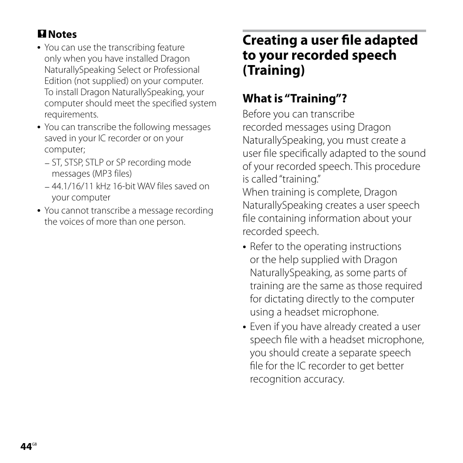 Creating a user file adapted to, Your recorded speech, Training) | What is “training | Sony ICD-UX70PINK User Manual | Page 44 / 64