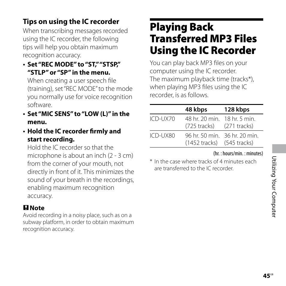Playing back transferred mp3 files, Using the ic recorder, Tips on using the ic recorder | Sony ICD-UX70PINK User Manual | Page 45 / 64