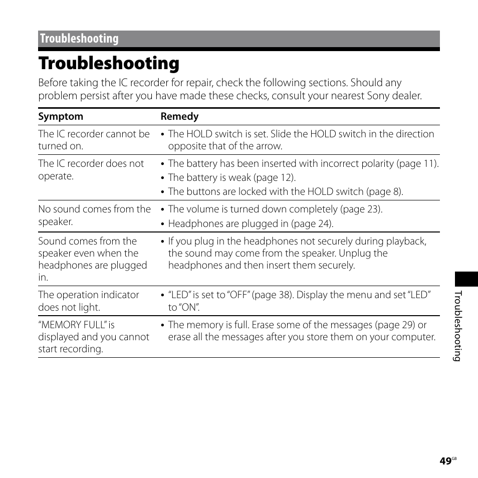 Troubleshooting | Sony ICD-UX70PINK User Manual | Page 49 / 64