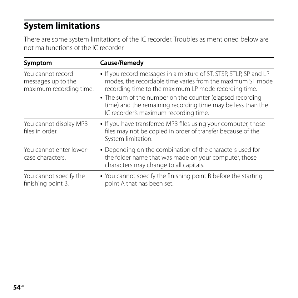 System limitations | Sony ICD-UX70PINK User Manual | Page 54 / 64