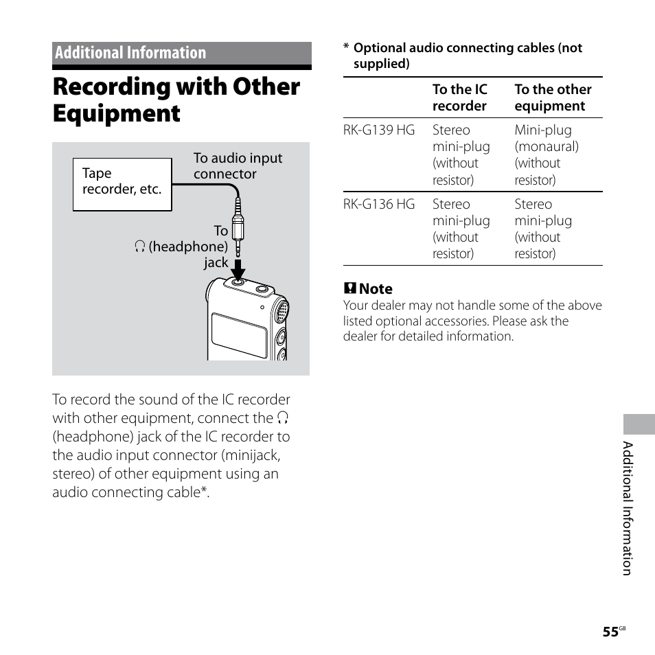Additional information, Recording with other equipment, Additional infor�ation | Sony ICD-UX70PINK User Manual | Page 55 / 64