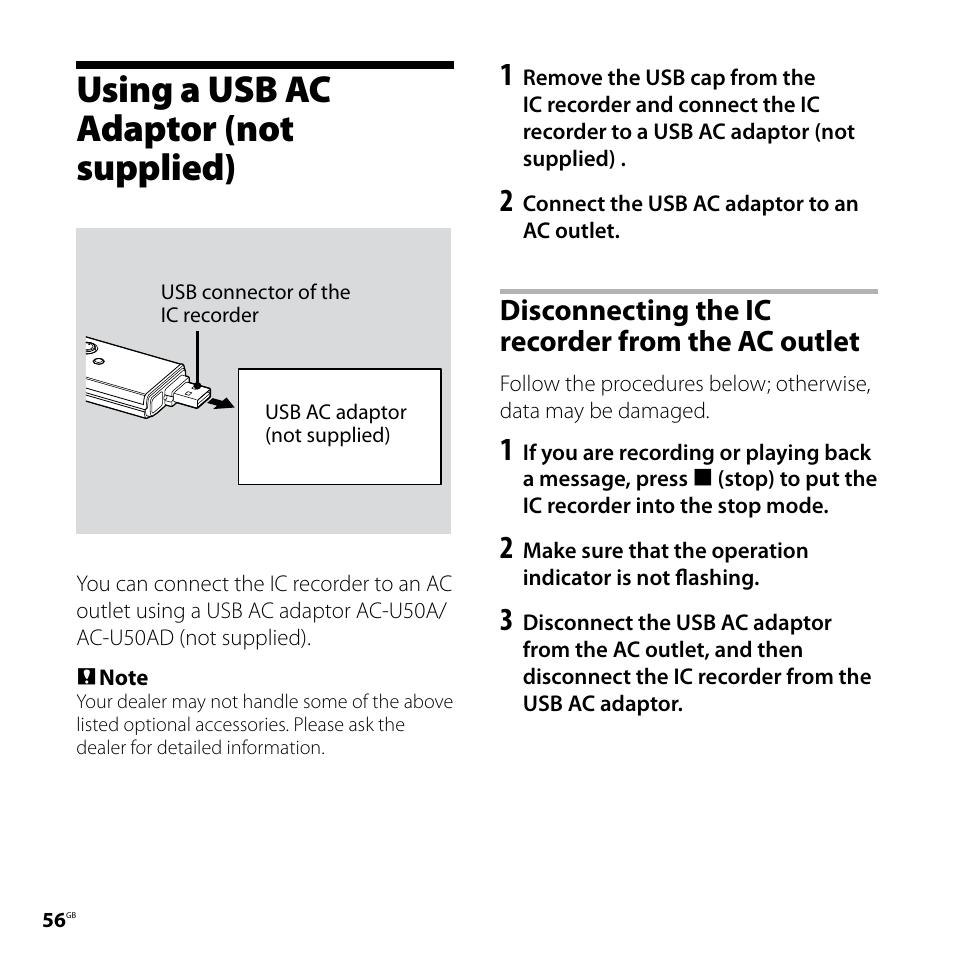 Using a usb ac adaptor (not supplied), Disconnecting the ic recorder from the ac outlet, Using a usb ac adaptor | Not supplied), Disconnecting the ic recorder, From the ac outlet | Sony ICD-UX70PINK User Manual | Page 56 / 64
