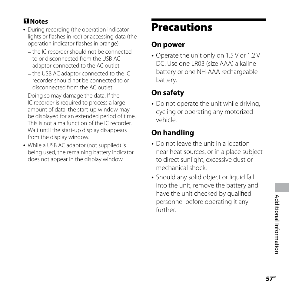Precautions, On power, On safety | On handling | Sony ICD-UX70PINK User Manual | Page 57 / 64