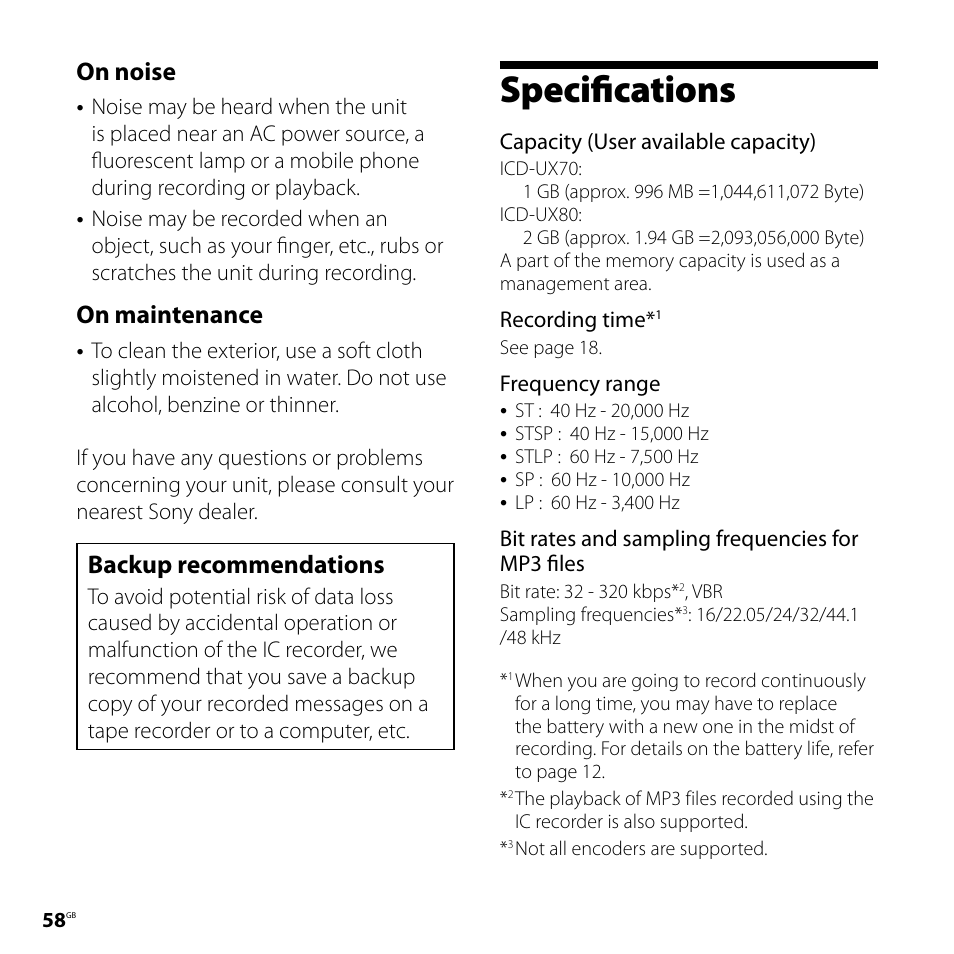 Specifications, On noise, On maintenance | Backup recommendations | Sony ICD-UX70PINK User Manual | Page 58 / 64