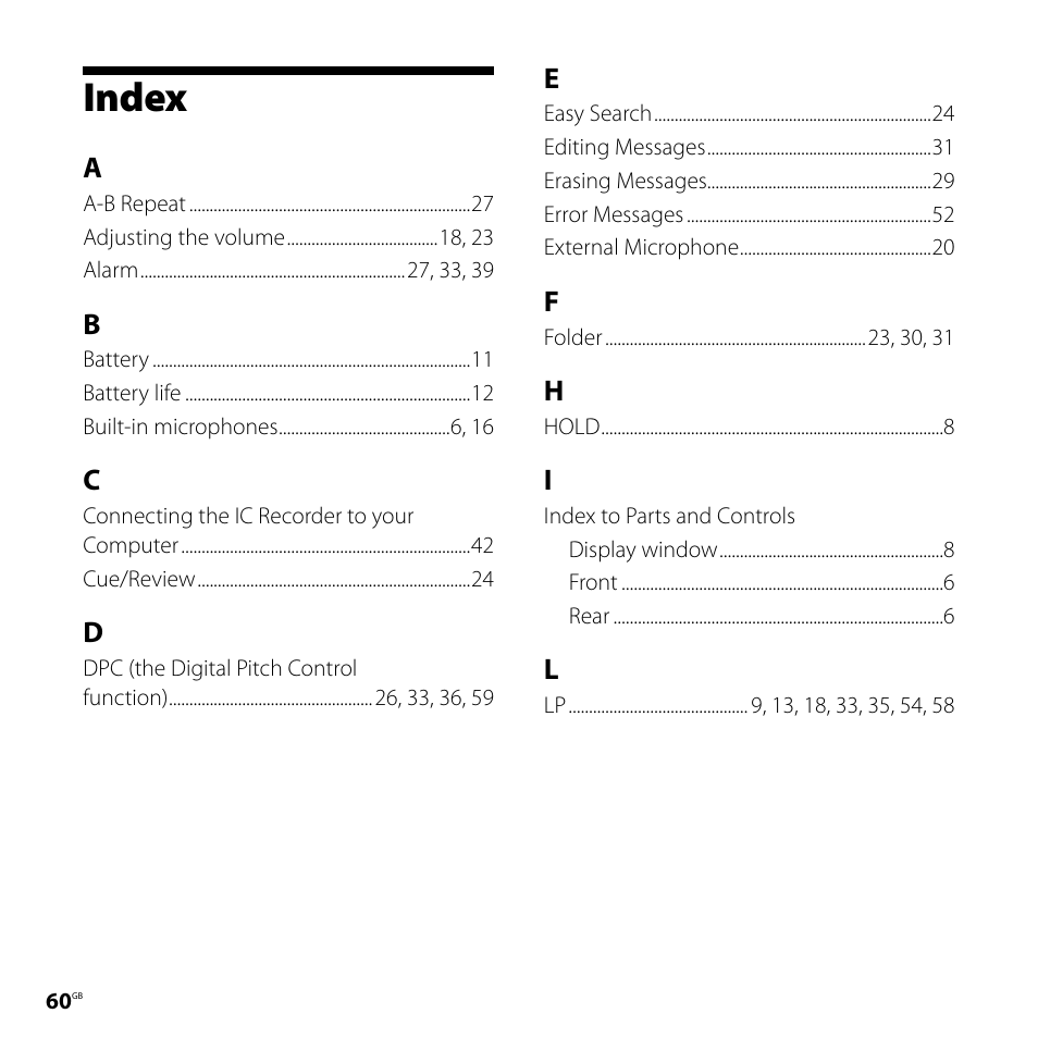 Index | Sony ICD-UX70PINK User Manual | Page 60 / 64