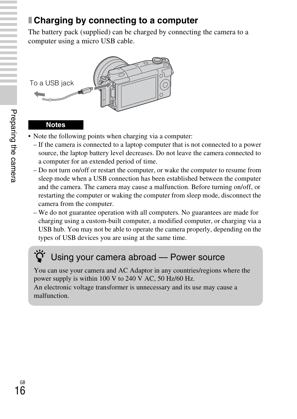 Xcharging by connecting to a computer, Using your camera abroad — power source | Sony NEX-3NL User Manual | Page 16 / 88