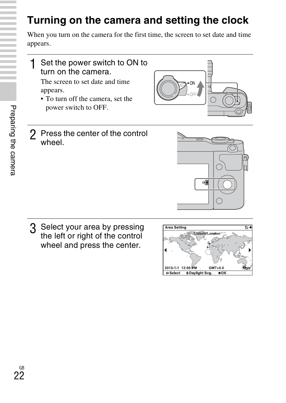 Turning on the camera and setting the clock | Sony NEX-3NL User Manual | Page 22 / 88