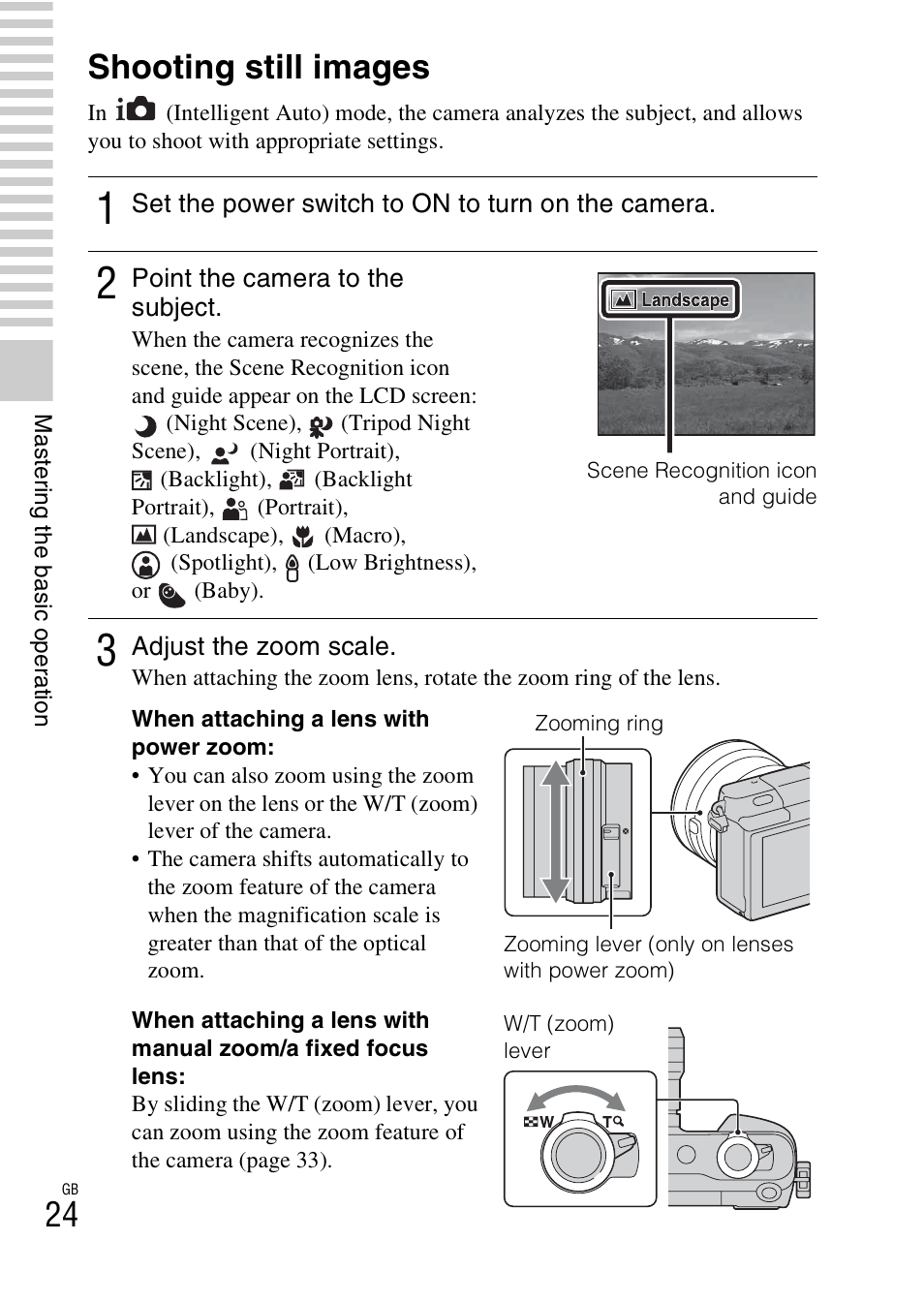 Mastering the basic operation, Shooting still images | Sony NEX-3NL User Manual | Page 24 / 88