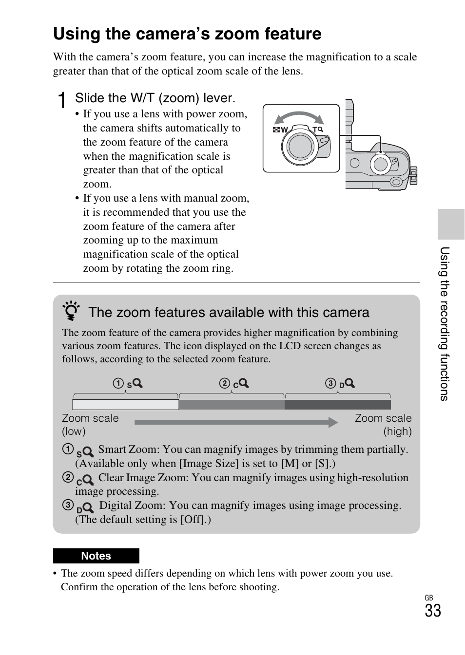 Using the recording functions, Using the camera’s zoom feature, The zoom features available with this camera | Sony NEX-3NL User Manual | Page 33 / 88