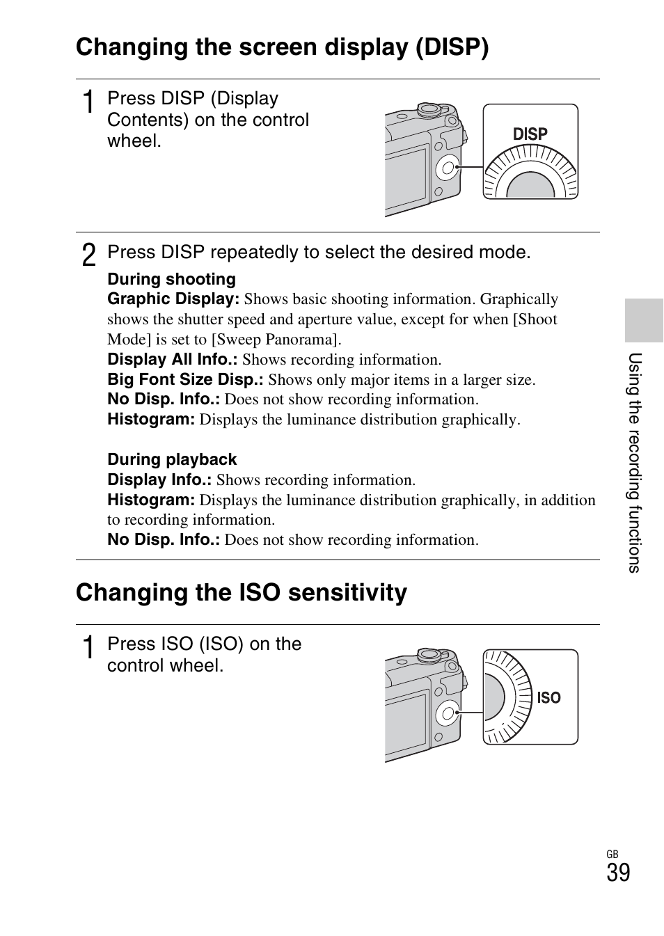 Changing the screen display (disp), Changing the iso sensitivity | Sony NEX-3NL User Manual | Page 39 / 88