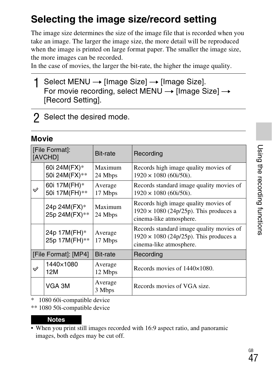 Selecting the image size/record setting | Sony NEX-3NL User Manual | Page 47 / 88