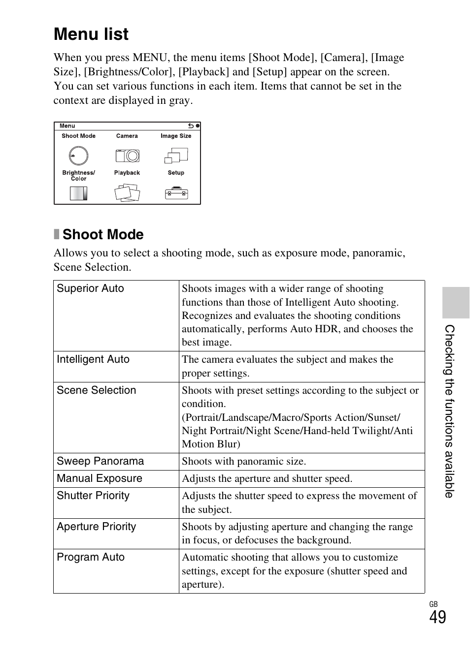 Checking the functions available, Menu list, Xshoot mode | Sony NEX-3NL User Manual | Page 49 / 88