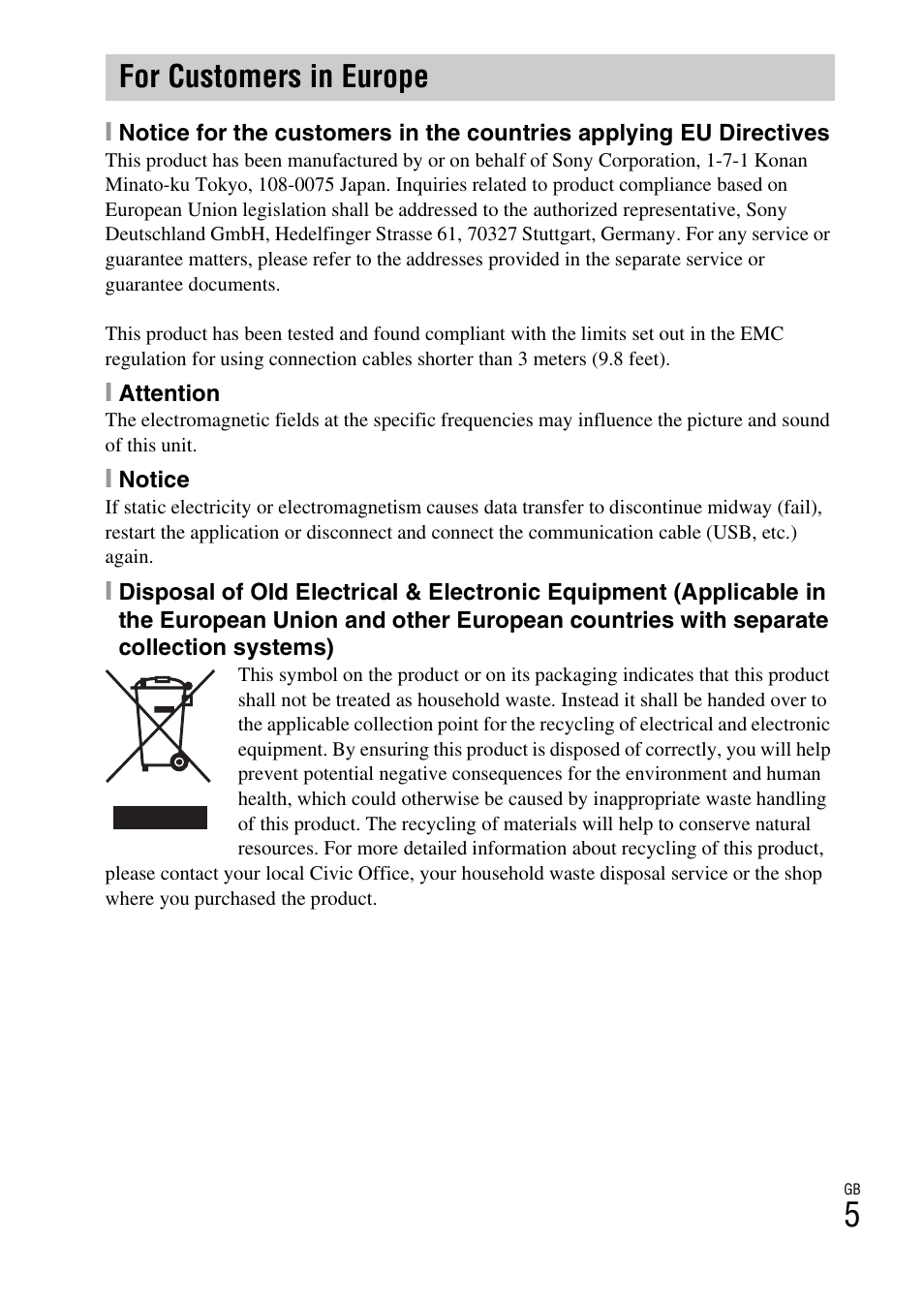 For customers in europe | Sony NEX-3NL User Manual | Page 5 / 88