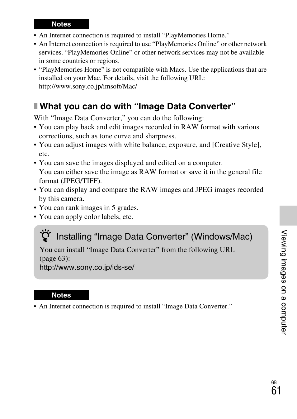 Xwhat you can do with “image data converter, Installing “image data converter” (windows/mac) | Sony NEX-3NL User Manual | Page 61 / 88