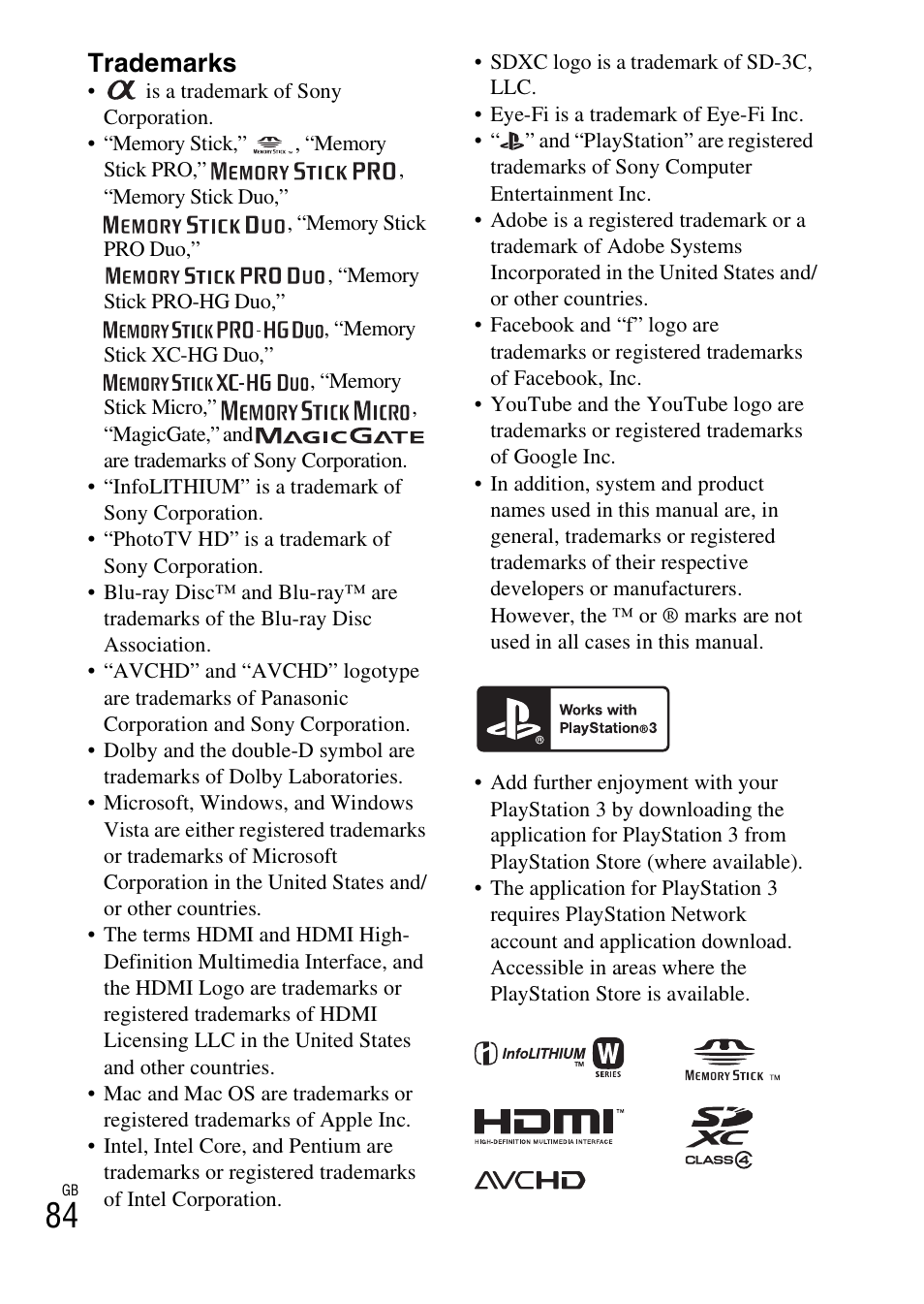 Trademarks | Sony NEX-3NL User Manual | Page 84 / 88