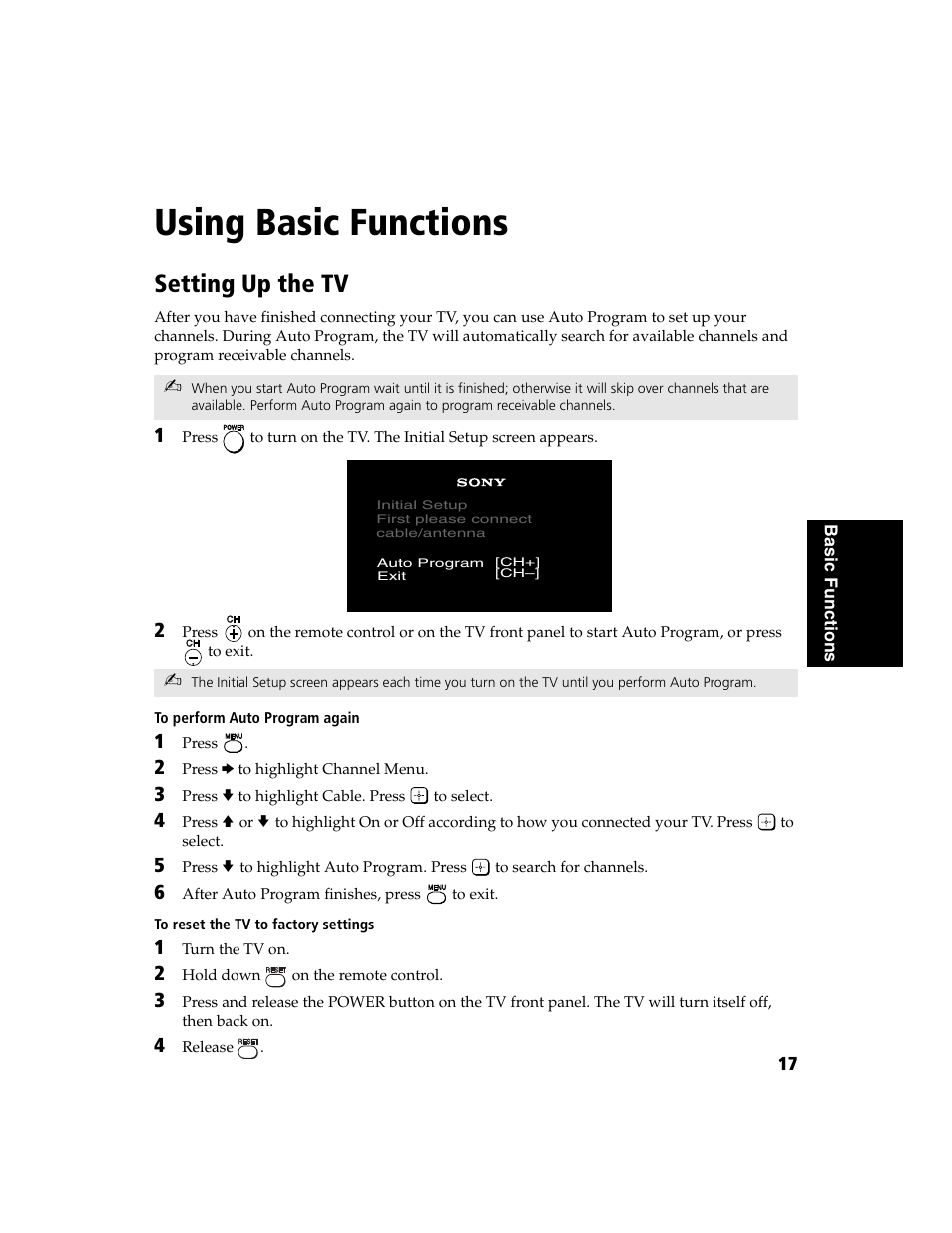 Using basic functions, Setting up the tv | Sony WEGA  KV-32FS120 User Manual | Page 25 / 48