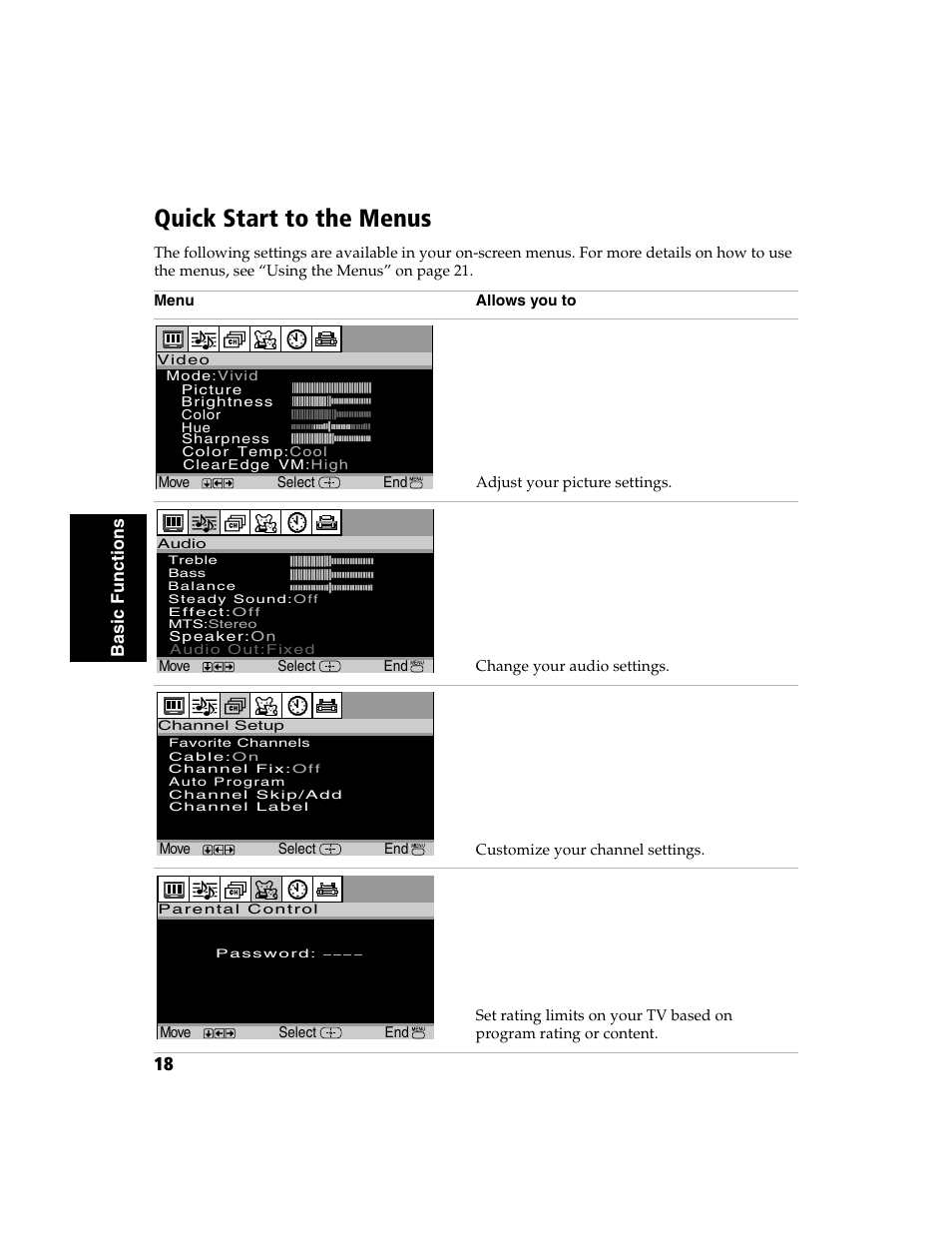 Quick start to the menus | Sony WEGA  KV-32FS120 User Manual | Page 26 / 48