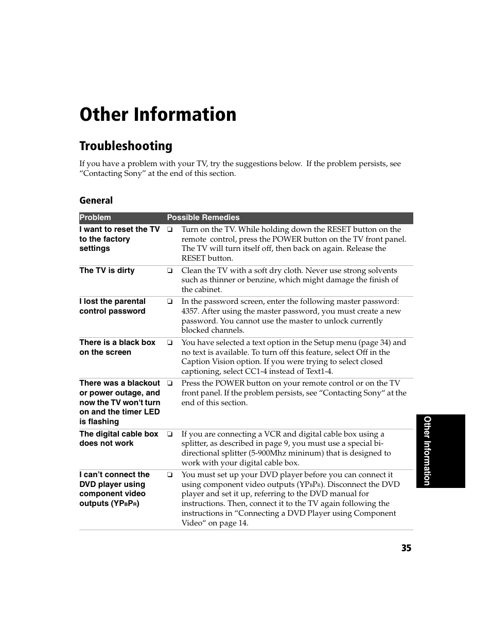 Other information, Troubleshooting | Sony WEGA  KV-32FS120 User Manual | Page 43 / 48