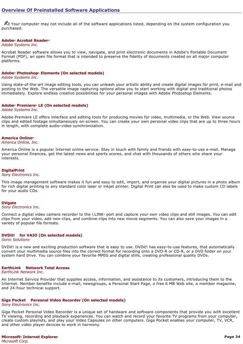 Overview of preinstalled software applications | Sony PCV-RX741 User Manual | Page 34 / 80