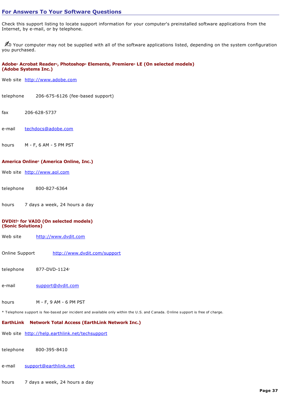 For answers to your software questions | Sony PCV-RX741 User Manual | Page 37 / 80