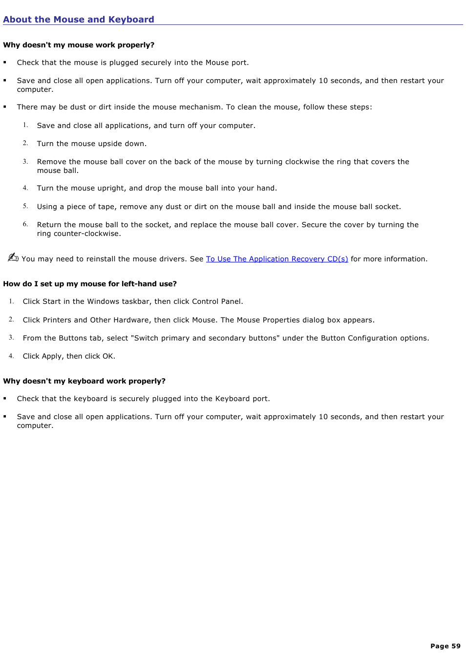 About the mouse and keyboard | Sony PCV-RX741 User Manual | Page 59 / 80
