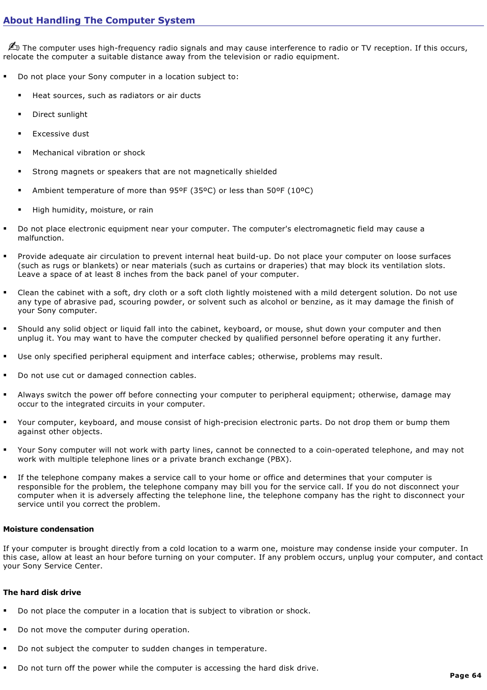 About handling the computer system | Sony PCV-RX741 User Manual | Page 64 / 80